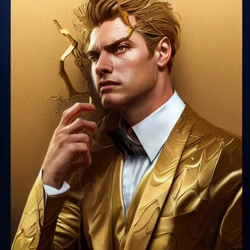 Image similar to Sandman with a gold suit, portrait, intricate, elegant, highly detailed, digital painting, artstation, concept art, smooth, sharp focus, illustration, art by artgerm and greg rutkowski and alphonse mucha