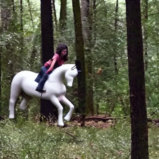 Prompt: security footage of a teenager with black curly hair on the woods riding a unicorn