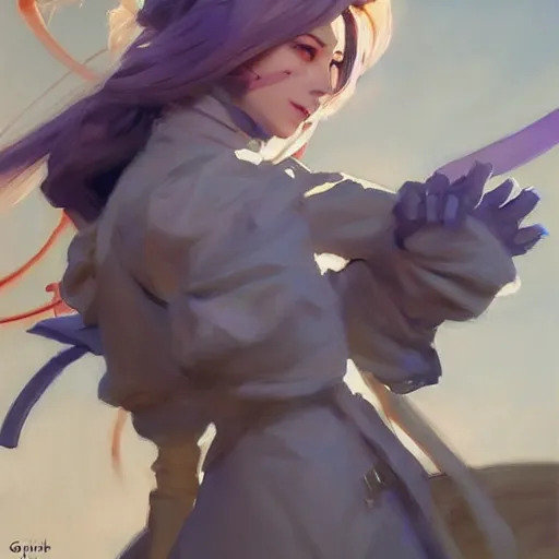 Image similar to greg manchess portrait painting of violet evergarden as overwatch character, totally whack, medium shot, asymmetrical, profile picture, organic painting, sunny day, matte painting, bold shapes, hard edges, street art, trending on artstation, by huang guangjian and gil elvgren and sachin teng