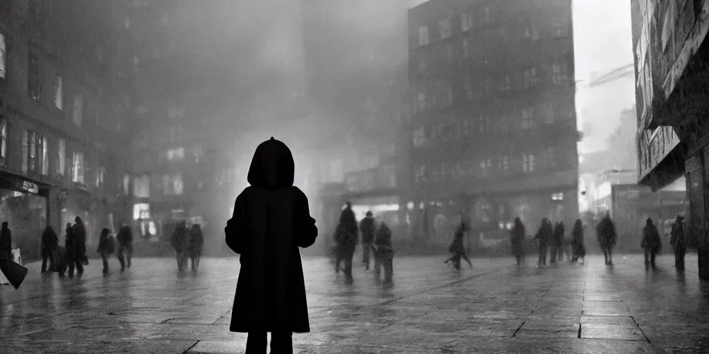 Image similar to medium shot of umbrella stall with sadie sink in hoodie. in ruined square, pedestrians on both sides. cyberpunk tenements in background : grainy b & w 1 6 mm film, still from schindler's list by steven spielberg. cinematic atmosphere, sharp face, perfect anatomy