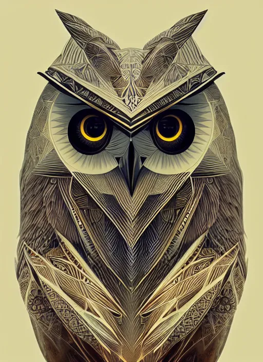 Image similar to portrait of a geometric owl, identical eyes, medium shot, illustration, full body made of white feathers, symmetrical, art stand, super detailed, cinematic lighting, and its detailed and intricate, gorgeous, by peter mohrbacher