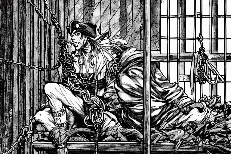 Prompt: aesthetic digital illustration of a pirate wearing a ball and chain by masamune shirow and shawn coss, sitting on a cot under a barred window inside a prison