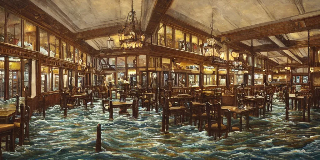 Image similar to huge dining saloon flooding, water sloshing around, bird's eye view, cinematic wide shot, high detail, realist painting