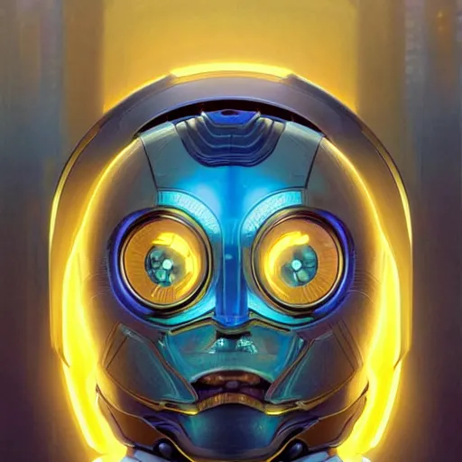 Image similar to symmetrical portrait of a robot with big eyes, grinning, sci - fi, tech wear, blue and yellow glowing lights, intricate, elegant, highly detailed, digital painting, artstation, smooth, sharp focus, illustration, art by artgerm and greg rutkowski and alphonse mucha