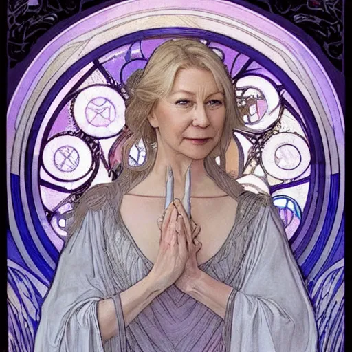 Image similar to helen mirren as galadriel, mucha style,