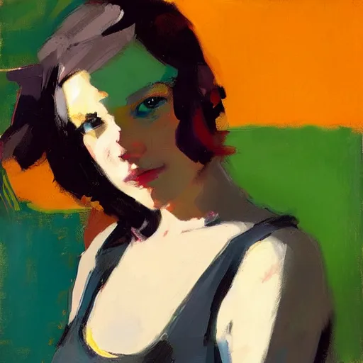 Prompt: artwork by malcolm liepke and adrian ghenie, a wild portrait of a cute hipster girl, triadic color scheme