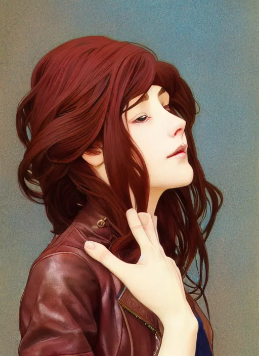 Prompt: pretty young woman with shoulder length dark red hair and wearing brown leather jacket, path traced, highly detailed, high quality, digital painting, by studio ghibli and alphonse mucha, leesha hannigan, makoto shinkai, disney