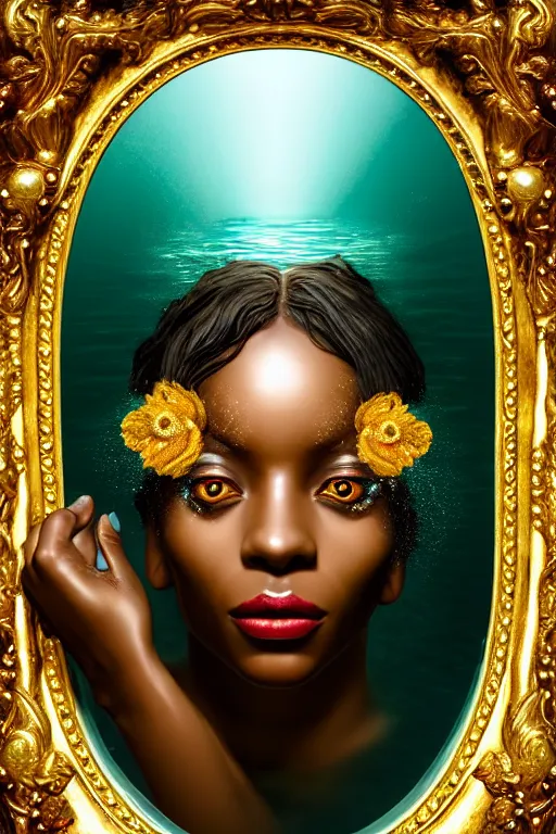 Image similar to hyperrealistic neo - rococo cinematic very expressive! black oshun goddess, open eyes, body in water, mirror dripping droplet!, gold flowers, highly detailed face, digital art masterpiece, smooth eric zener cam de leon dramatic pearlescent teal light, ground angle uhd 8 k, sharp focus