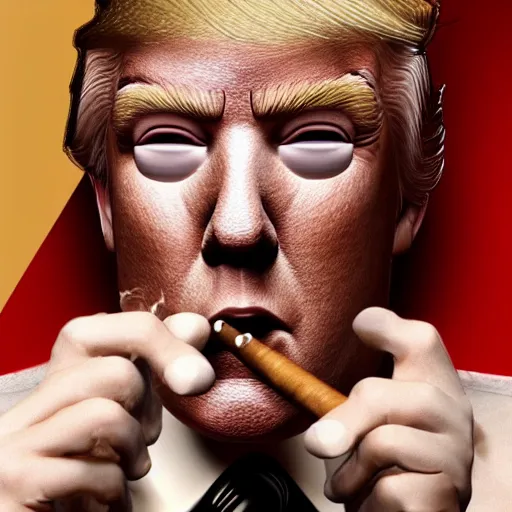 Image similar to a high quality photo of donald trump smoking a cigar, 3d scene, render, ultra realistic, artstation, cgsociety