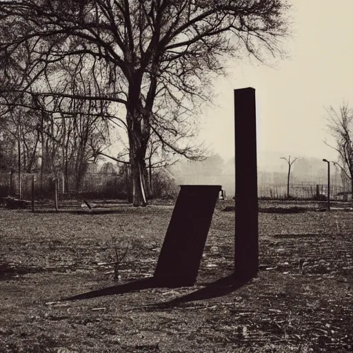 Prompt: an abandon playground with a tall dark figure standing infront of it, liminal, dark, highly detailed,