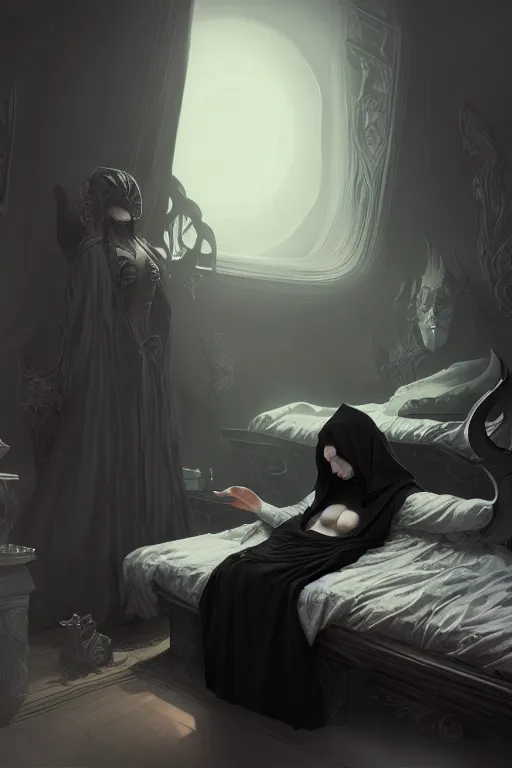 Image similar to death in black robes, waking up from the bed , sunrise coloring the room,fantasy, intricate, elegant, highly detailed, digital painting, artstation, concept art, smooth, sharp focus, illustration, art by Ilja Repin