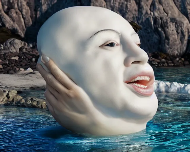 Prompt: a massive porcelain sculpture of a squashed human face resting on a jelly donut that floats on the ocean water, cinematic, hyper - realistic, very detailed, realistic water splashes, ray tracing, 8 k resolution, long - shot, sharp focus, low angle, 8 5 mm photograph, wide lens