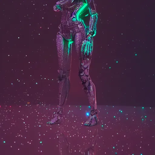 Image similar to woman full body, ethereal, biomechanical, cyberpunk, covered in diamonds and other gems glowing, elegant posed intricate, extremy detailed andrew chiampo, frederik heyman, beeple, cgsociety, artstation. cinematic lighting, highly detailed 4 k art