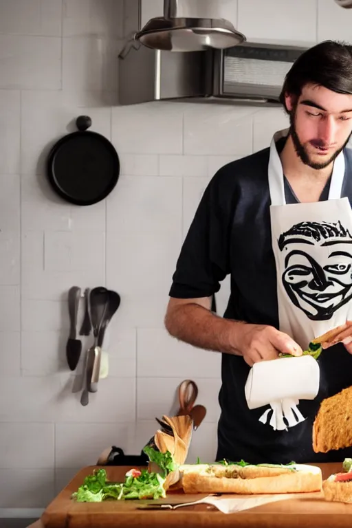 Image similar to a schoolboy in a Guy Fawkes mask makes sandwiches on the kitchen table