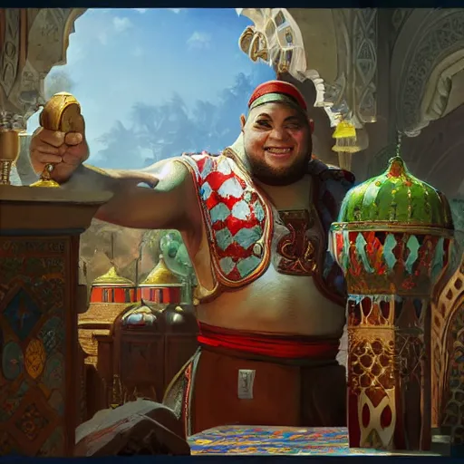 Image similar to moroccan shrek plays arcade game with vladimir putin, highly detailed, digital painting, artstation, concept art, smooth, sharp focus, illustration, art by artgerm and greg rutkowski and alphonse mucha