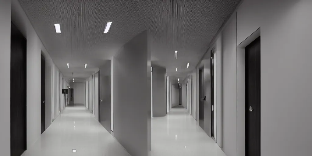 Prompt: a futuristic hallway. white, cloth tufted walls. cinematic. dramatic lighting. monaris. billy dinh.