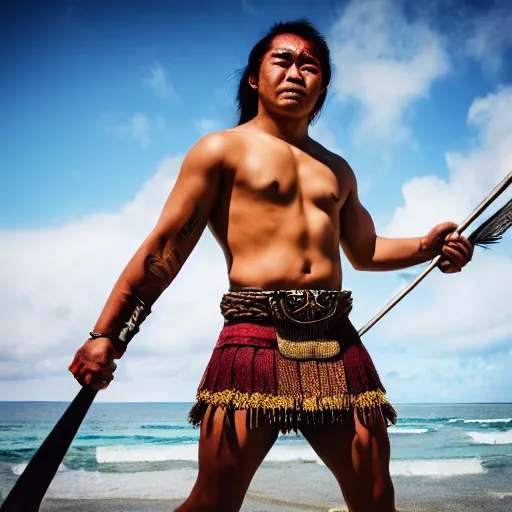 Image similar to a pacific islander warrior on a canoue, 4 k, hyper realistic, dslr, high resolution, landscape, beautiful