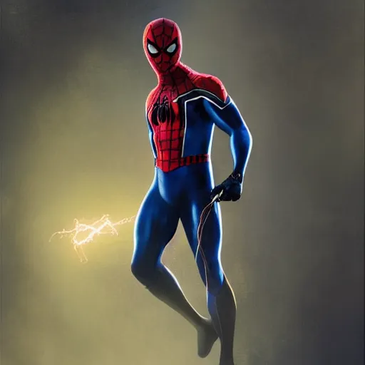 Image similar to ryan reynolds as a black and blue suit spider - man, cinematic, volumetric lighting, f 8 aperture, cinematic eastman 5 3 8 4 film, photorealistic by greg rutkowski, by stanley artgerm, by alphonse mucha