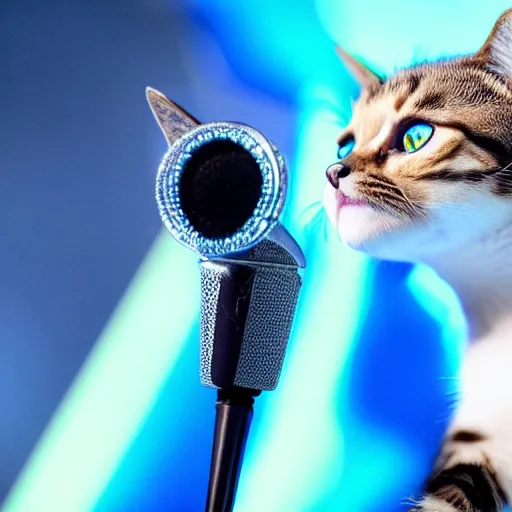 Image similar to real photo of a cat singing on the stage of eurovision 2 0 2 2