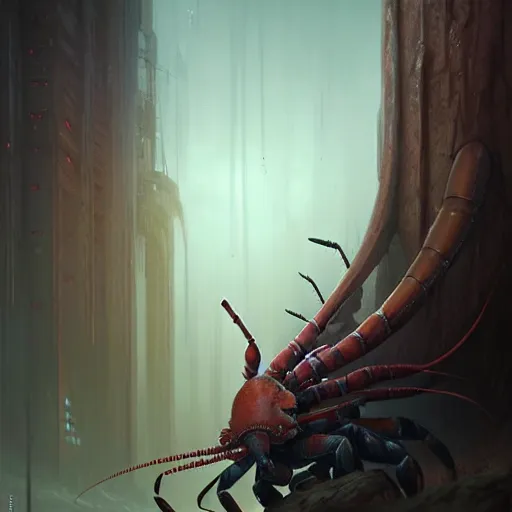 Image similar to professional ominous concept art portrait of a lobster - human chimera character by artgerm and greg rutkowski. an intricate, elegant, highly detailed digital painting, concept art, smooth, sharp focus, illustration, in the style of simon stalenhag, wayne barlowe, and igor kieryluk.