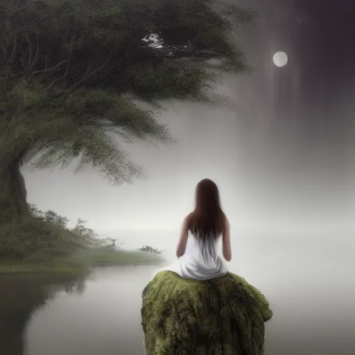 Prompt: an ultra realistic painting of a girl in a white dress sitting on the roots of a gigantic ancient tree overlooking a pond at night, surrounded by a towering dark forest, the moon can be glimpsed through the trees and is veiled by fog, fog obscures the background, midnight, dark fantasy, fantasy forest, spooky forest, highly detailed, concept art