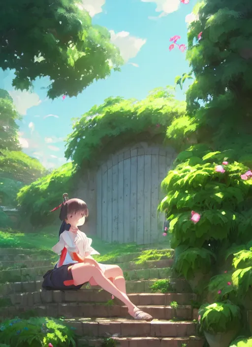 Image similar to girl sitting on a stair where there is an arched shed, many green plant and flower gowing on it, illustration concept art anime key visual trending pixiv fanbox by wlop and greg rutkowski and makoto shinkai and studio ghibli