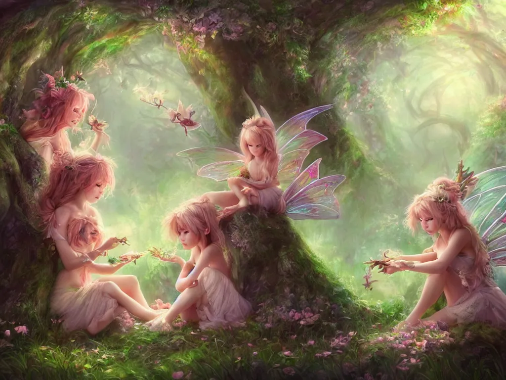 Image similar to two cute fairy in the dreamy forest, fantasy, dreamlike, 8 k resolution, hyper detailed, d & d, character design, digital painting, trending on artstation, sharp focus, illustration, art by artgerm, viktoria gavrilenko, hoang lap, fuji choko, steve zheng