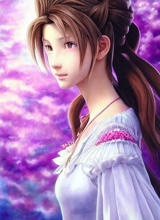 Prompt: Aerith Gainsborough stares intently up towards the viewer, seen from a downward angle. ultra detailed painting at 16K resolution and epic visuals. epically surreally beautiful image. amazing effect, image looks crazily crisp as far as it's visual fidelity goes, absolutely outstanding. vivid clarity. ultra. iridescent. mind-breaking. mega-beautiful pencil shadowing. beautiful face. Ultra High Definition. processed twice. polished marble.