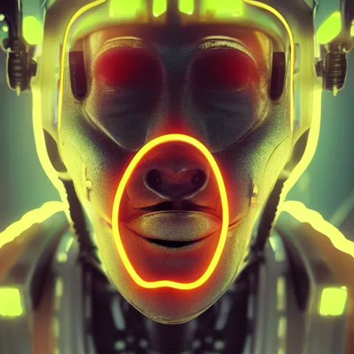 Prompt: a cyborg monkey, sci-fi, cyborg, close-up, cybernetic implant, neon, cyberpunk, center frame portrait, 8k, concept art, octane render