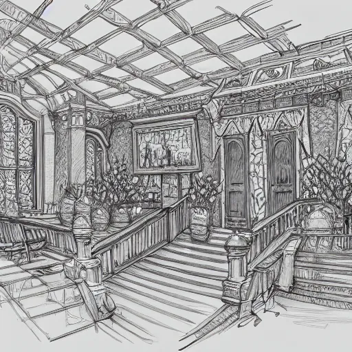 Prompt: annotated highly, detailed and intricate, sketch of a lodge room full of spring plants, marker concept art style rendering, concept art, half blueprint, trending on artstation, intricate details, center frame, annotations