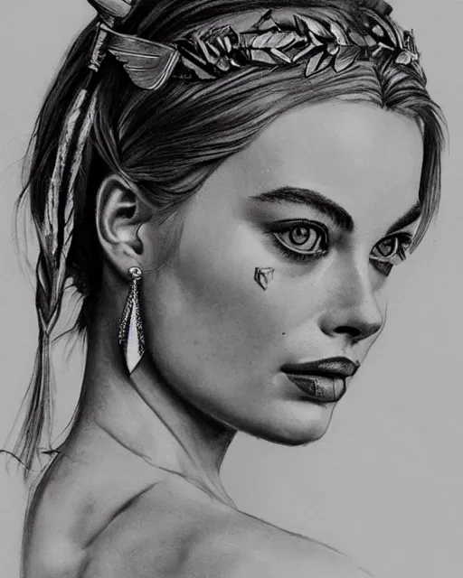 Image similar to realism tattoo sketch of margot robbie as a beautiful greek goddess aphrodite with piercing eyes wearing a laurel wreath and triangle earrings, in the style of greg rutkowski, amazing detail