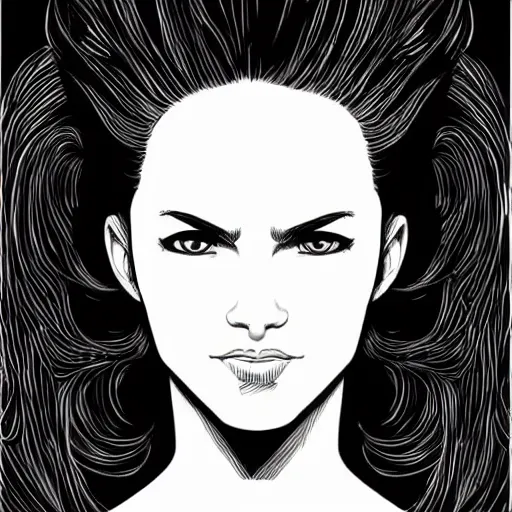 Image similar to clean simple line art of a woman. white background. well composed, clean black and white line drawing, beautiful detailed face. illustration by josan gonzalez and steve ditko and greg rutkowski