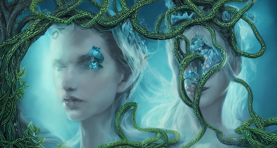 Prompt: detailed portrait of the queen of snakes, pale blue, emerald, sapphire, wearing a crown of vines, nest of vipers, moonlit, dark fantasy concept art, dramatic lighting, artstation