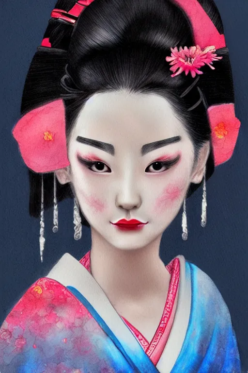 Image similar to beauty geisha, digital art, 8k, character, realistic, portrait, photorealism, watercolour