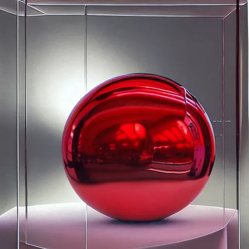 Prompt: chrome spheres on a red cube by rachel ruysc