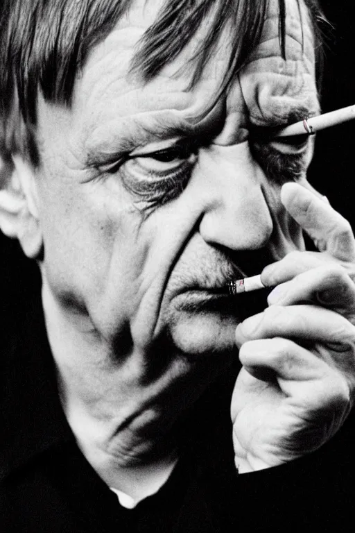 Prompt: highly detailed photo of Mark E Smith, smoking a cigarette