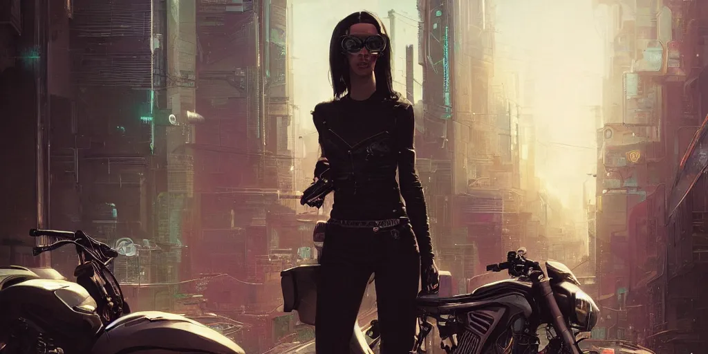 Prompt: portrait of a young beautiful cyberpunk woman with sunglasses on a motorbike driving away down the a street neuromancer, megacity, gorgeous view, depth, high detail, digital art, painted by greg rutkowski & seb mckinnon, trending on artstation