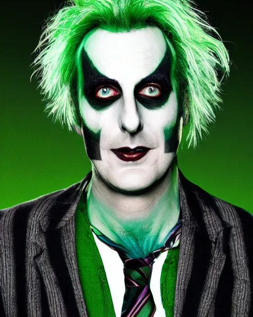 Prompt: Will Arnett as Beetlejuice, white makeup, green hair, cinematic lighting, 4k photograph