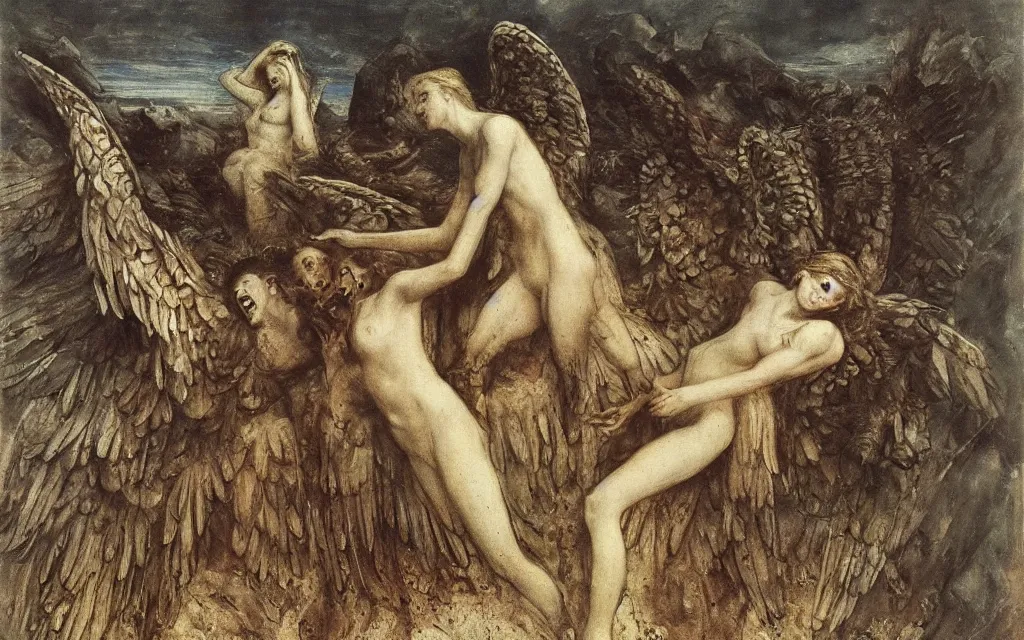 Prompt: vision of angels with a broken shield, trying to fix it by ivan shishkin and alfred kubin, style of futurism