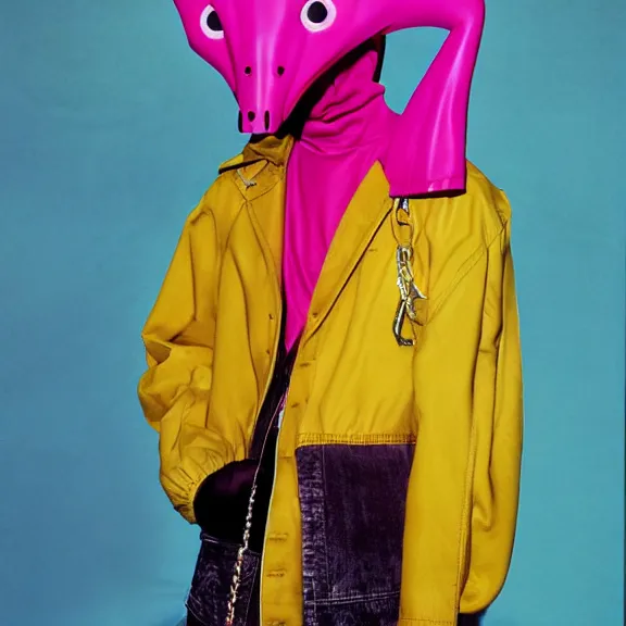 Prompt: model in plastic devil mask wearing baggy colorful 9 0 s jacket by rick owens. magazine ad. pastel brutalist background.