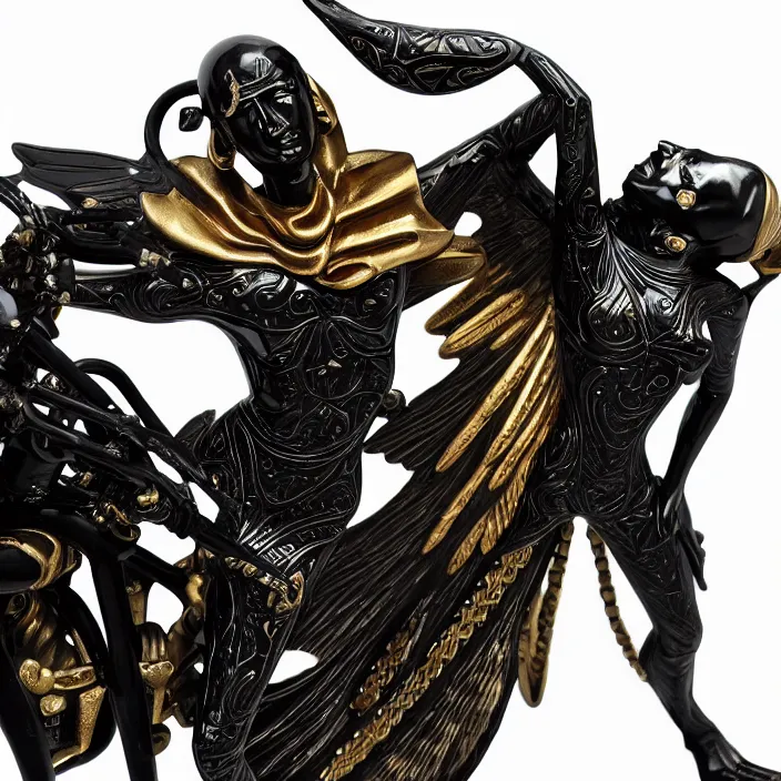 Image similar to fine art statue of black egyptian god on a surrealist motorbike, ebony art deco, carved black marble, inlaid with ebony and gold accents, ebony rococo, wings black lace wear, sculpted by spider zero, zaha hadid, beautifully lit, hyper detailed, intricate, elite, ornate, photorealistic, micro details, 3 d sculpture, ray trace