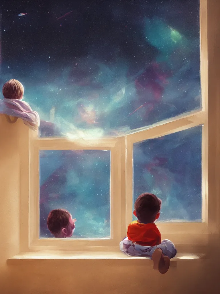 Image similar to a contemporary painting of a little boy sits in his bed and looks through the window into the night sky in a painting from stalenhag 4 k 8 k hdr artstation concept art nebula