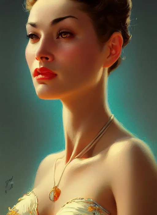 Prompt: portrait of a surburb woman, 1 9 5 0, bokeh, intricate, elegant, highly detailed, digital painting, artstation, concept art, smooth, sharp focus, illustration, art by artgerm, greg rutkowski, gil elvgren, symmetry, natural light, 1 3 5 mm!!