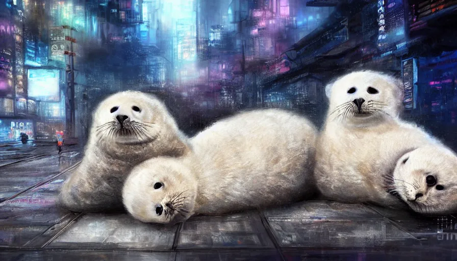 Image similar to highly detailed painting of furry white baby seals cuddled up in a cardboard box in a dystopian cyberpunk street by william turner, thick brush strokes and visible paint layers, 4 k resolution, retrowave colour scheme