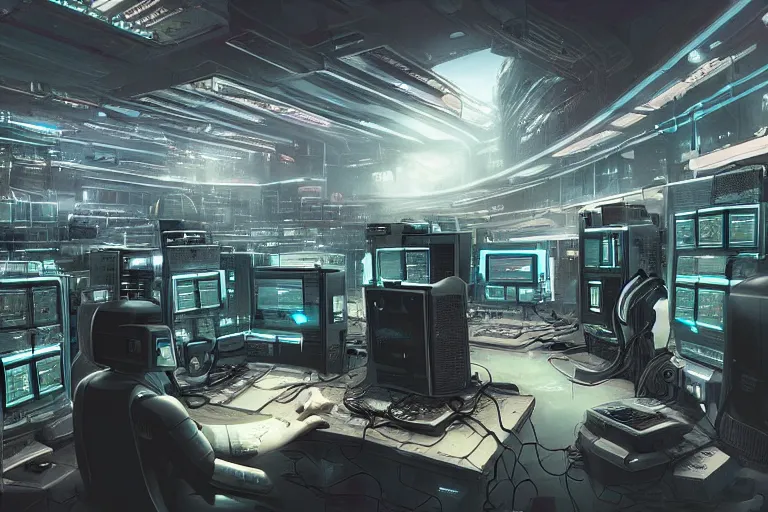 Image similar to a computer room filled with lots of monitors, cyberpunk art by ridley scott, cgsociety, retrofuturism, greeble, dystopian art, circuitry