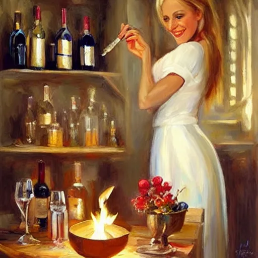 Image similar to wine cellar full of food, torches on the wall, schnapps!, romantic, inviting, cozy, blonde! woman, painting Vladimir Volegov