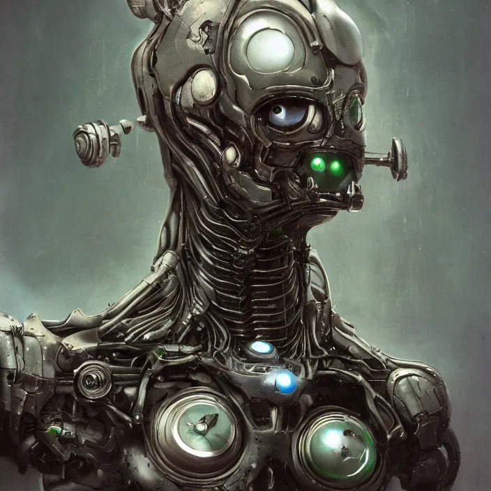 Image similar to h. r. giger esque portrait of a friendly happy emerald ultron from age of ultron, fresh of the production line, washed, clean, shiny, clockwork steampunk, head and chest only, by beksinski, 4 k, deviantart, trending on artstation