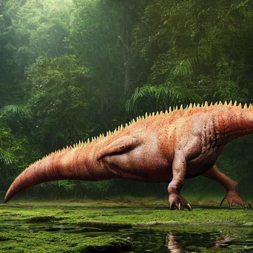 Image similar to giant spinosaurus walking through a tropical forest