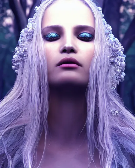 Image similar to beauteous sumptuous dark empress with incredible iridescent pearlescent voluminous hair, photorealistic crystalline masterpiece incrustations, hyperdetailed kind face, elegant pose, movie still, cinematic forest lighting, intricate accuracy, octane render, cgsociety, artgerm, unreal engine, crepuscular rays, god rays