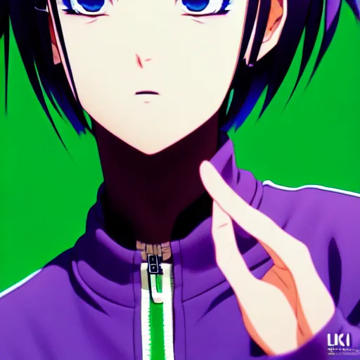 Image similar to anime poster film still portrait, black black black woman, purple colored eyes, purple colored eyes, white french bob, green colored bomber jacket, detailed facial features, dynamic pose, cute face by ilya kuvshinov, yoh yoshinari, makoto shinkai, rimlight, cel shaded, 4 k